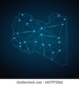 Libya Map - Abstract geometric mesh polygonal network line, structure and point scales on dark background with lights in the form of cities. Vector illustration eps 10.