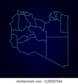 Libya  map: blue glitter outline with sparkling stars on dark background. Detailed map of Libya . Vector illustration.
