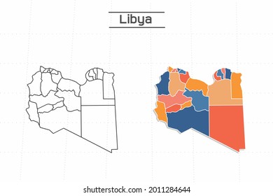Libya map city vector divided by colorful outline simplicity style. Have 2 versions, black thin line version and colorful version. Both map were on the white background.