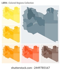 Libya map collection. Country shape with colored regions. Blue, Grey, Yellow, Amber, Orange, Deep Orange, Brown color palettes. Border of Libya with provinces for your infographic. Vector illustration.