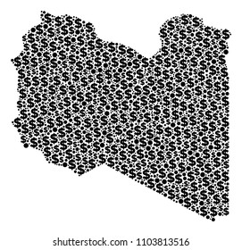 Libya map composition of dollar symbols and round dots in different sizes. Abstract vector banking and GDP Libya map. Dollar signs and circles are formed into cartography plan design concept.