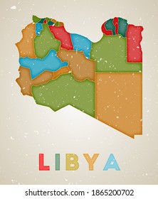Libya map. Country poster with colored regions. Old grunge texture. Vector illustration of Libya with country name.