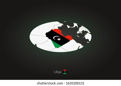 Libya map in dark color, oval map with neighboring countries. Vector map and flag of Libya