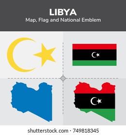 Libya Map, Flag and National Emblem 