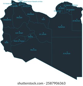 Libya map high detailed with administrative divide by state, capital cities names, outline simplicity style. Vector illustration EPS10.