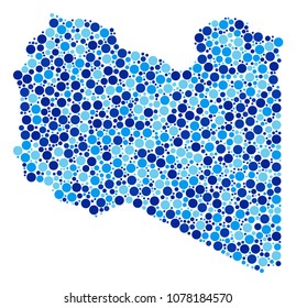 Libya Map mosaic of circle elements in variable sizes and blue color tints. Random small spheres are grouped into Libya Map illustration. Vector cartography blue map vector illustration.