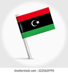 Libya map pin flag icon. Libyan pennant map marker on a metal needle. 3D realistic vector illustration.