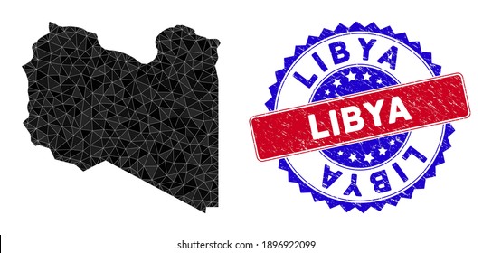 Libyen kartografiert polygonale Masche mit gefüllten Dreiecken und Notfall Bicolor Wasserzeichen. Dreieckige Mosaikkarte Libyens mit einem maschigen Vektormodell, Dreiecke haben unterschiedliche Größen und Positionen und Farbtöne.