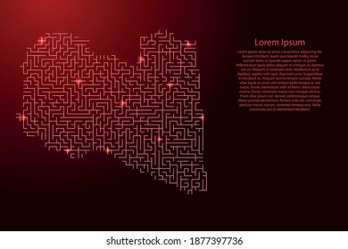 Libya map from red pattern of the maze grid and glowing space stars grid. Vector illustration.