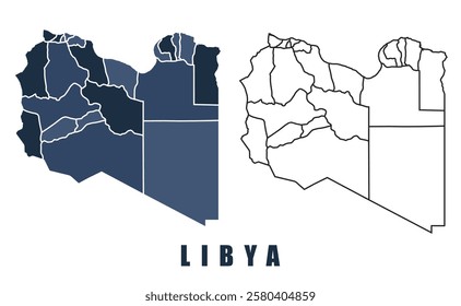 Libya map regions border outline vector set