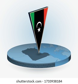 Libya map in round isometric style with triangular 3D flag of Libya, vector map in blue color. 