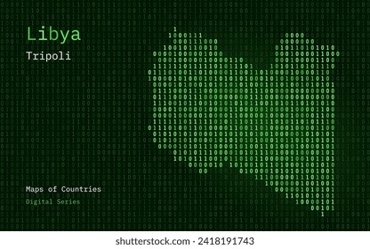 Libya Map Shown in Binary Code Pattern. Matrix numbers, zero, one. World Countries Vector Maps. Digital Series