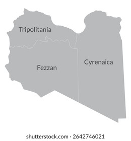 Mapa da Líbia em regiões de subdivisão. Mapa das regiões de subdivisão da Líbia em cor cinzenta