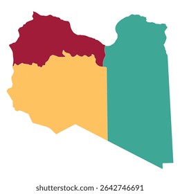 Mapa da Líbia em regiões de subdivisão. Mapa das regiões de subdivisão da Líbia em multicolor