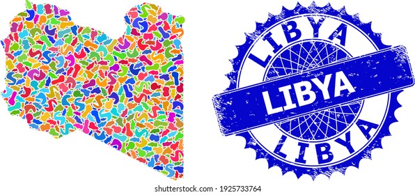 Libya map template. Splash pattern map and grunge stamp seal for Libya. Sharp rosette blue stamp with caption for Libya map. Mosaic vector Libya map formed with scattered multi-colored splashes.