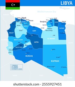 Libya Map Vector Blue Spot - Customizable layered political map of Libya with administrative divisions for website, education, reports, news, politics, print, poster and wallpaper