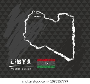 Libya map, vector pen drawing on black background