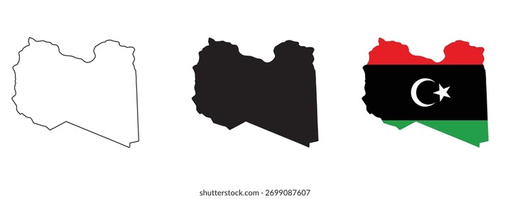 Libya map vector set with editable country outline black silhouette and national flag featuring red black green horizontal stripes with white crescent and star for geography and education use
