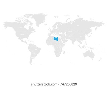 Libya marked by blue in grey World political map. Vector illustration.