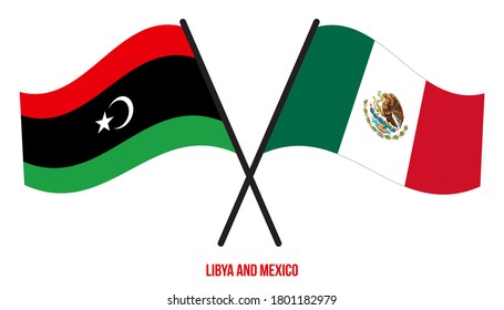 Libyen und Mexiko Flaggen überquert und schwingen flatter Stil. Offizieller Anteil. Korrigieren Sie Farben.