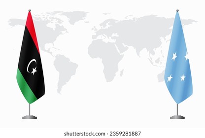 Banderas de Libia y Micronesia para una reunión oficial en el fondo del mapa mundial.