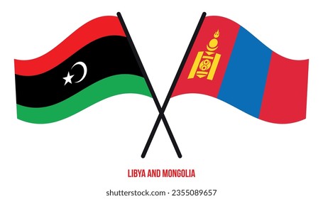 Libya and Mongolia Flags Crossed And Waving Flat Style. Official Proportion. Correct Colors