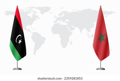 Banderas de Libia y Marruecos para una reunión oficial en el fondo del mapa mundial.