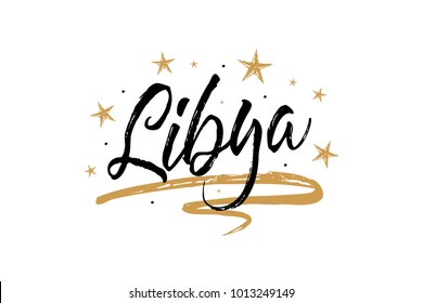 Libya. Name country word text card, banner script. Beautiful typography inscription greeting calligraphy poster black, gold ribbon, star. Handwritten design modern brush lettering isolated vector.