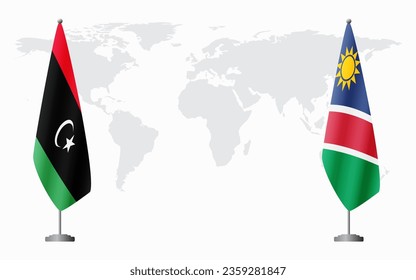 Libya and Namibia flags for official meeting against background of world map.