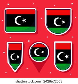 Paquete de paquetes de mascotas de iconos vectoriales de dibujos animados de la bandera nacional de Libia. Paquete de iconos de banderas de países del norte de África