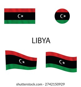 Libya national flag collection flat, circular badge, and waving designs in vector format
