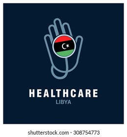 Libya National flag on stethoscope - Health care logo - Medical Logo - specialist doctors in Country - Hospital Clinic Logo - Helping Hand Logo - Charity Help Vector illustration