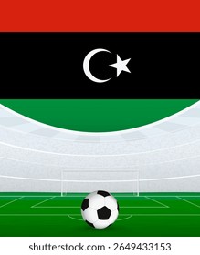 Libya National Football Theme, Stadium and Soccer Ball. Soccer Match Concept in Libya. Ideal for use in sports event promotions, football themed designs, and tournament advertisements.