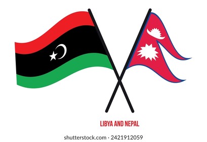 Libya and Nepal Flags Crossed And Waving Flat Style. Official Proportion. Correct Colors.