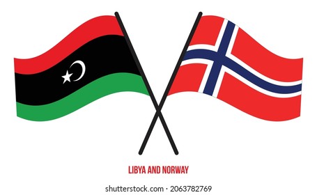 Libya and Norway Flags Crossed And Waving Flat Style. Official Proportion. Correct Colors.