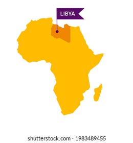Libya on an Africa s map with word Libya on a flag-shaped marker.