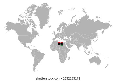 Libya on detailed world map. With overlay Libya flag. The location of the country of Libya on the world map.