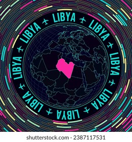 Libya on globe. Satellite view of the world centered on Libya. Bright neon style. Futuristic radial bricks background. Powerful vector illustration.