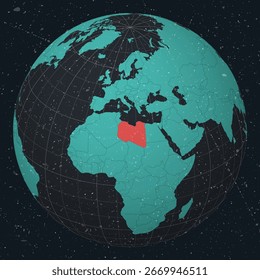Libya on Globe. Vintage look with grunge scratched texture. Country view on world map in Dark Charcoal Turquoise color palette. Libya shape on map. Globe with meridians and parallels.