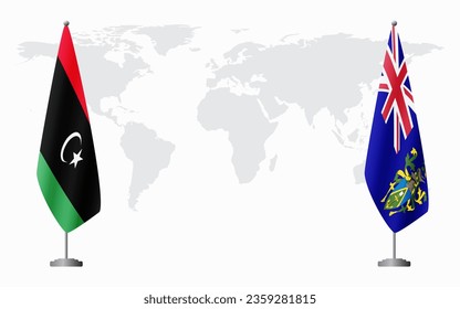 Libya and Pitcairn Islands flags for official meeting against background of world map.