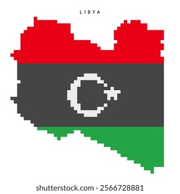 Libya pixel flag map icon. 8 bit pixel art Libyan map covered with flag. Flat vector illustration isolated on white background.