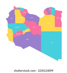 Libya political map of administrative divisions - districts. Colorful vector map with labels.