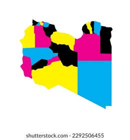 Mapa político libio de divisiones administrativas - distritos. Mapa vectorial en blanco en colores CMYK.