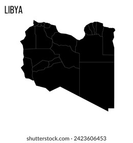 Libya political map of administrative divisions - districts. Blank black map and country name title.
