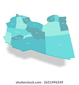 Mapa político de divisões administrativas da Líbia - distritos. Mapa de vetor turquesa 3D com rótulos de nome.