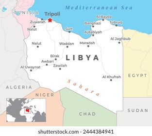 Libya Political Map with capital Tripoli, most important cities with national borders