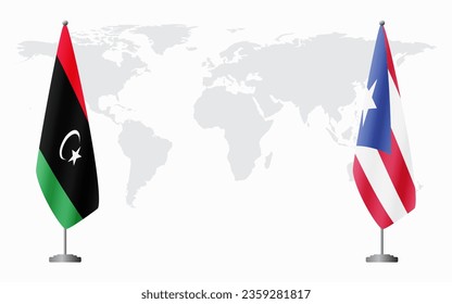 Libya and Puerto Rico flags for official meeting against background of world map.