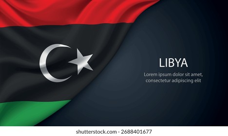 Libia realista ondeando bandera sobre fondo oscuro con elegantes pliegues e iluminación