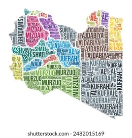 Nube de palabras de la región Libia. Diseño de forma de Country. Ilustración en color de Libia. Nube de collage de nombres de región. Ilustración vectorial.