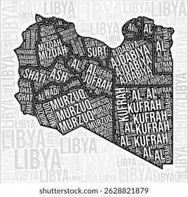 Libya regions map word cloud. Libya region names. Black and white map design. Amazing vector illustration.